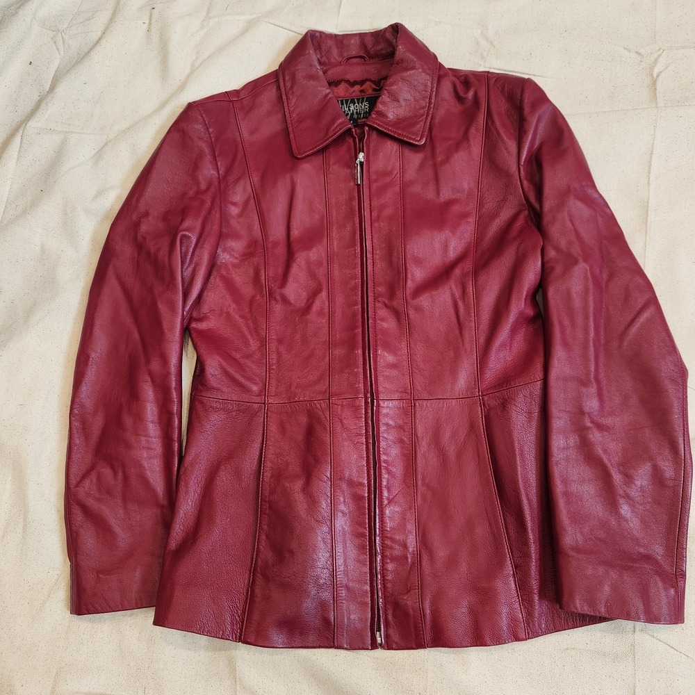 Wilsons Leather Pelle Studio Red Leather Jacket Womens Medium Burgundy Zip Up